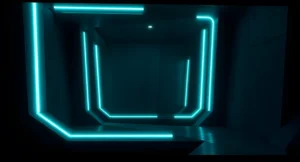 Futuristic neon blue corridor wallpaper with glowing rectangular light trails.