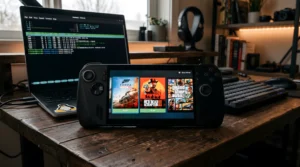 A black ASUS ROG Ally X handheld gaming console sitting on a rustic wooden desk, showing the Windows Xbox Mode interface with game tiles for Forza Horizon 4, Red Dead Redemption 2 and GTA V. In the background, a laptop displays a Linux terminal and a Tux penguin sticker.