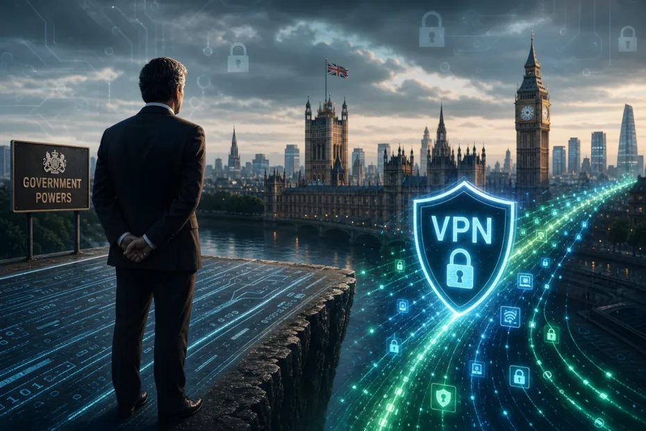 Conceptual digital illustration featuring the London skyline with the Houses of Parliament and Big Ben. A suited government official stands on a platform marked "GOVERNMENT POWERS," overlooking the city. In the foreground, a large, glowing digital shield marked "VPN" protects streaming data, symbolising the tension between state oversight and digital privacy.
