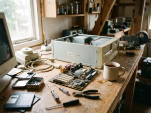 A vintage beige PC case and exposed motherboard on a cluttered wooden workbench with tools and a mug of tea.