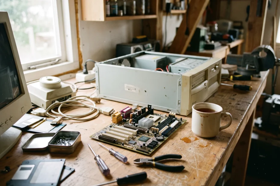 A vintage beige PC case and exposed motherboard on a cluttered wooden workbench with tools and a mug of tea.
