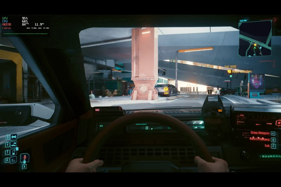 Cyberpunk 2077 running on Linux at 84 FPS with MangoHud telemetry showing Vulkan and GPU stats in the top-left corner.