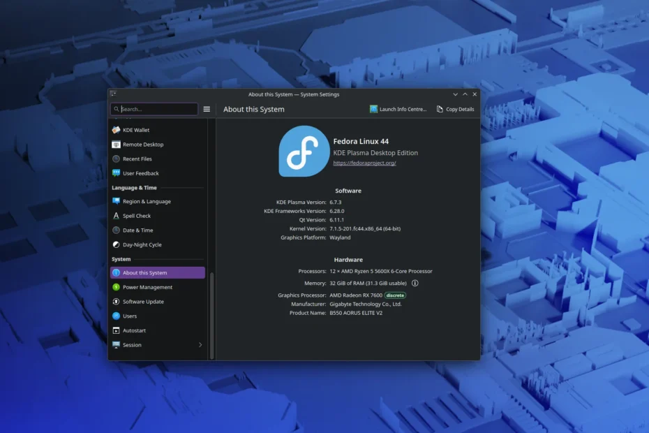 System settings window displaying About this System on Fedora Linux 44 with KDE Plasma 6.7.3, showing CPU, memory, and graphics hardware details.