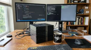 A home lab desk setup showing three stacked Dell OptiPlex small form factor PCs, a Star Trek mug on a coaster, a keyboard, mouse, and dual monitors displaying terminal windows and code, with a bookshelf and window in the background.