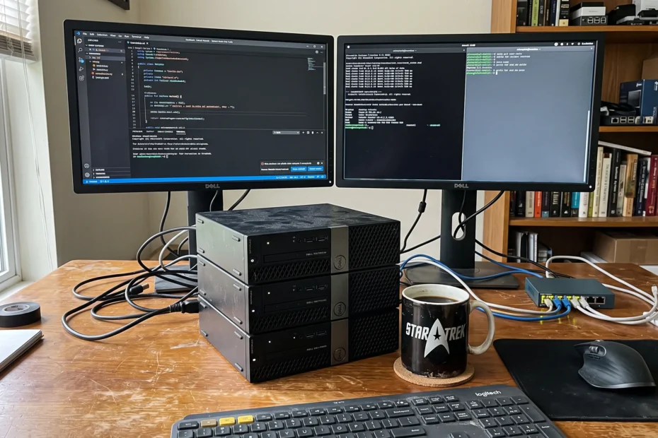 A home lab desk setup showing three stacked Dell OptiPlex small form factor PCs, a Star Trek mug on a coaster, a keyboard, mouse, and dual monitors displaying terminal windows and code, with a bookshelf and window in the background.
