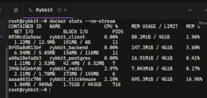 Terminal output from 'docker stats' showing CPU and memory usage for the Rybbit analytics container stack including ClickHouse, Postgres, and Redis.