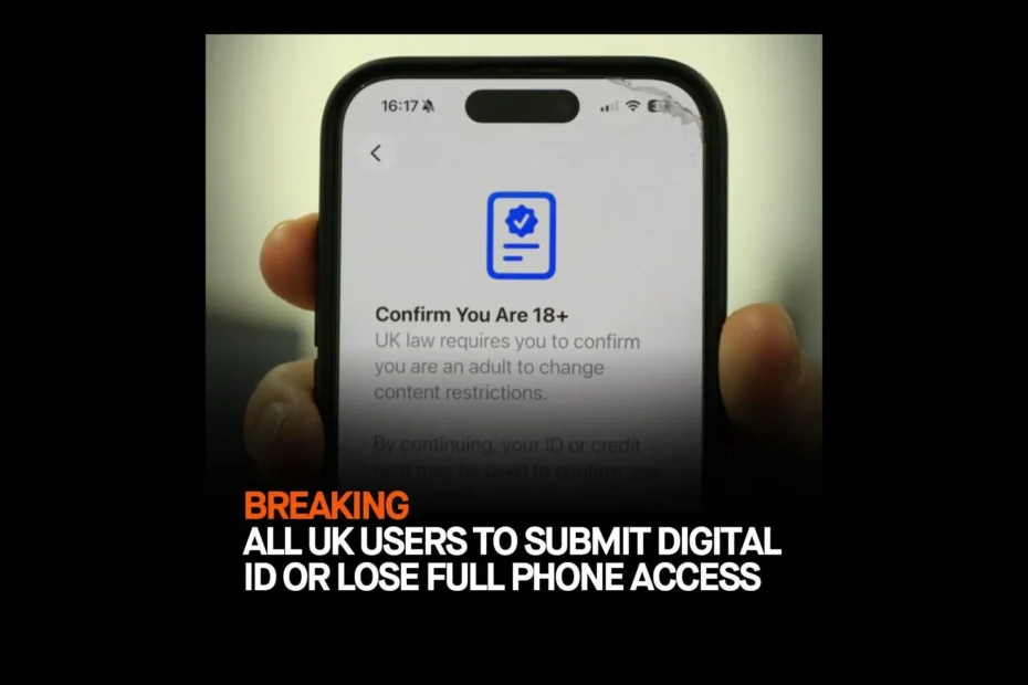A hand holding a smartphone displaying an age verification screen with text that reads "Confirm You Are 18+ UK law requires you to confirm you are an adult to change content restrictions," with a bold news banner across the bottom reading "BREAKING: ALL UK USERS TO SUBMIT DIGITAL ID OR LOSE FULL PHONE ACCESS."
