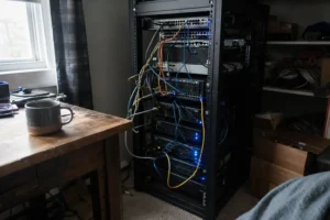 A home server rack filled with networking gear and messy cables next to a wooden desk with a coffee mug.