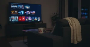 A cozy, dimly lit living room at night with a television displaying the Jellyfin media server interface, a sofa draped with a knit blanket, and a coffee mug with a retro sci-fi insignia resting on a table.