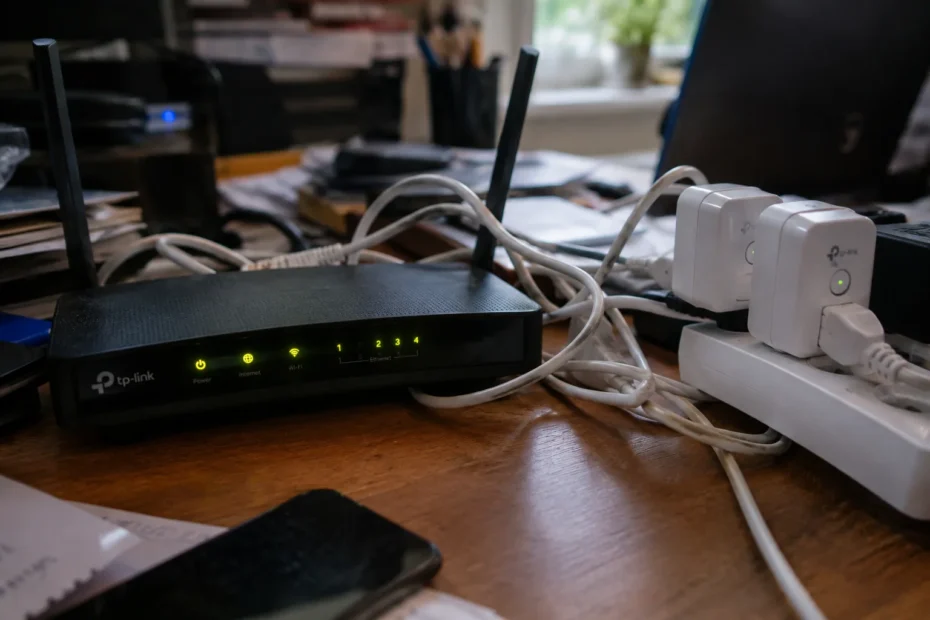 A standard ISP router and smart plugs on a cluttered desk representing home network congestion