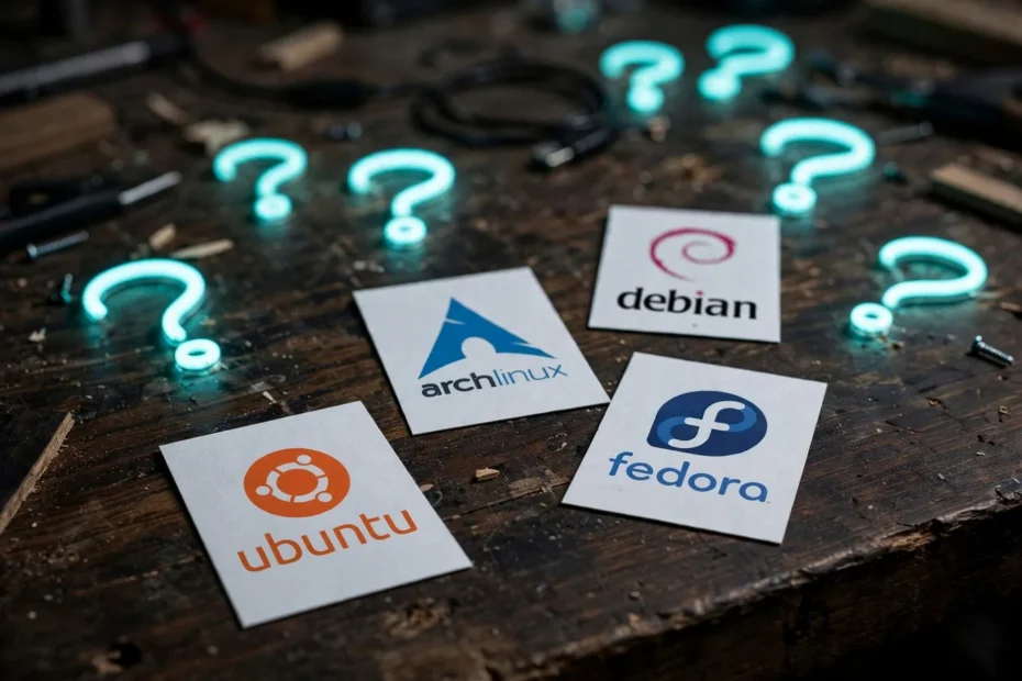 A close-up realistic photo of a dark wooden workbench scattered with various Linux distribution logo cards alongside several glowing cyan neon question marks.