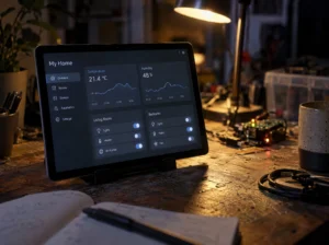An Android tablet displaying a minimalist Home Assistant dashboard on a cluttered wooden workbench at night, lit by a warm desk lamp.
