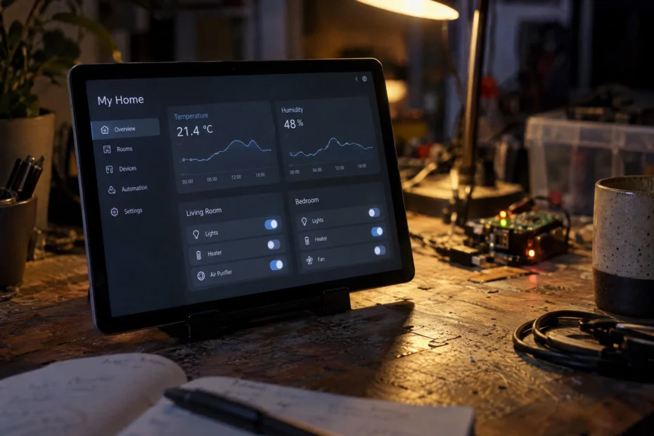 An Android tablet displaying a minimalist Home Assistant dashboard on a cluttered wooden workbench at night, lit by a warm desk lamp.
