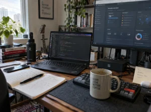 A developer's workspace showing a Linux laptop with code on the screen and an external monitor displaying a Microsoft Defender security dashboard.