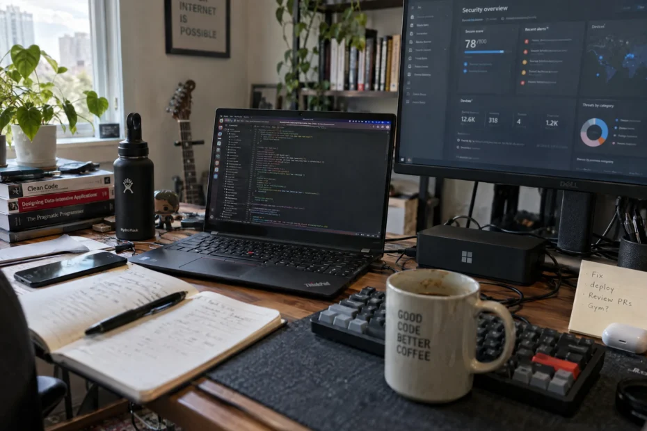A developer's workspace showing a Linux laptop with code on the screen and an external monitor displaying a Microsoft Defender security dashboard.